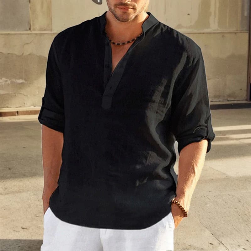 Men's Cotton Linen Stand Collar Casual Shirt