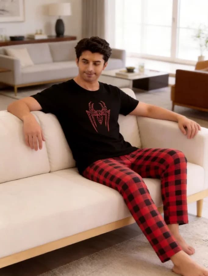 Men's Plaid and Spider Print Loungewear Set