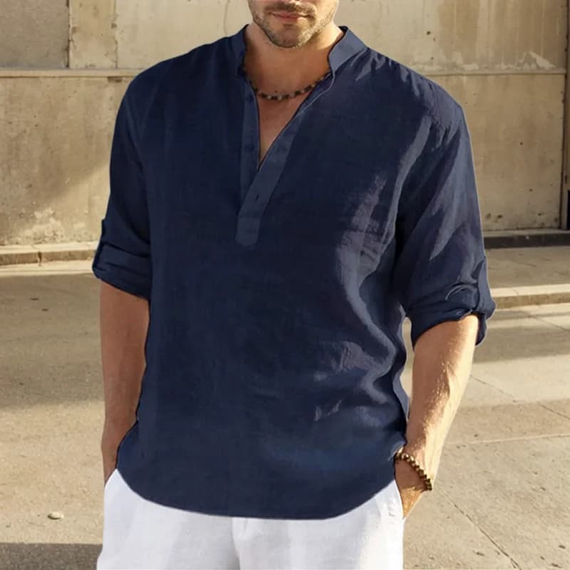 Men's Cotton Linen Stand Collar Casual Shirt