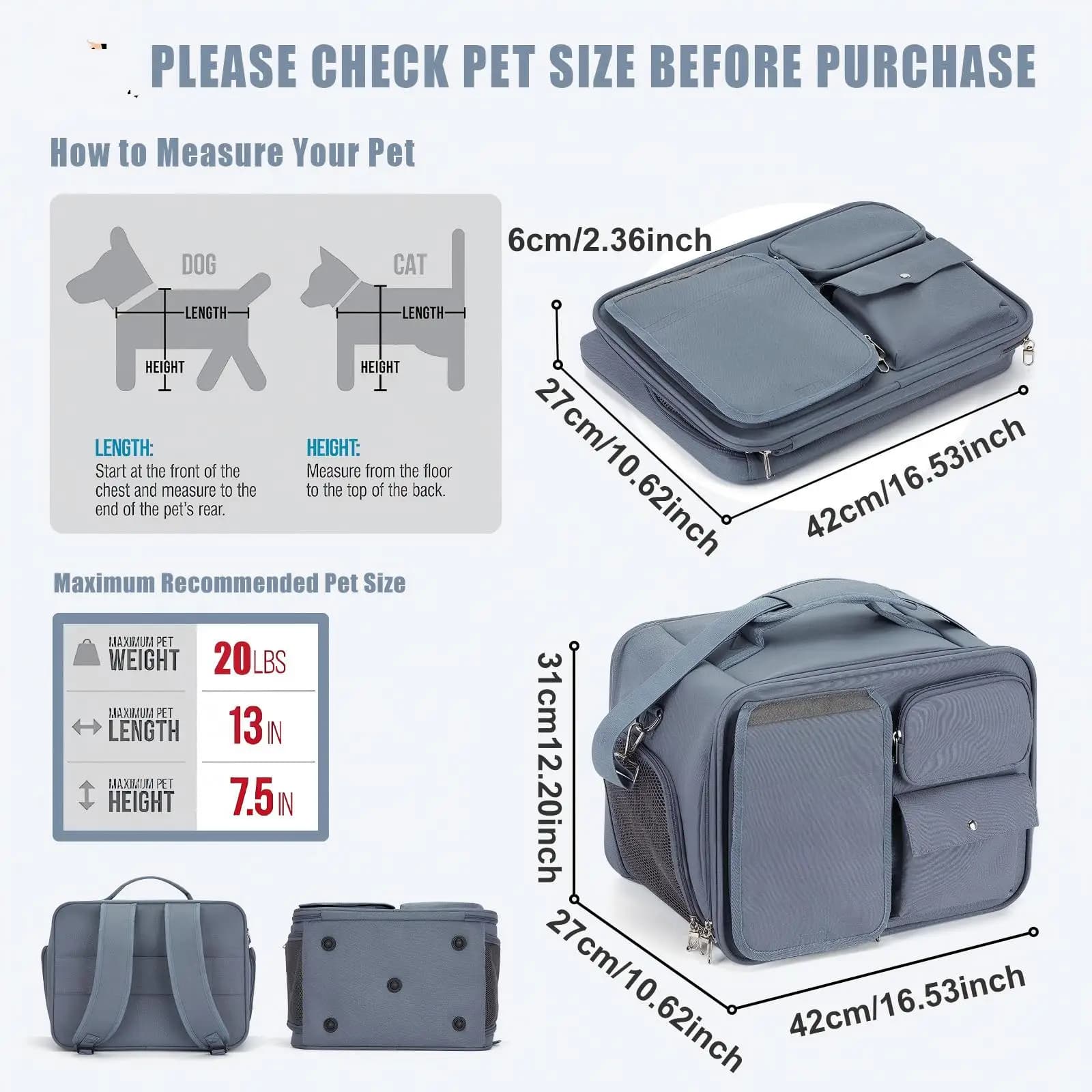 Pet Carrying Bag，Pets Travel Bag, Carrier for Cats and Puppies up to 7 kg, Foldable Travel Bag, Mesh Windows Bag for Small Pets