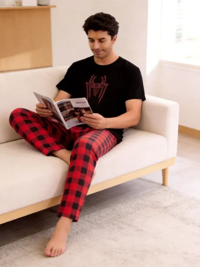 Men's Plaid and Spider Print Loungewear Set