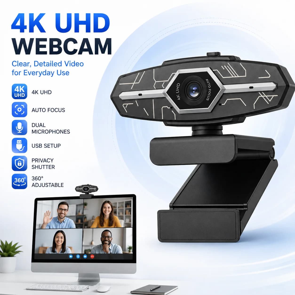 4K Webcam with Auto Focus and Privacy Shutter