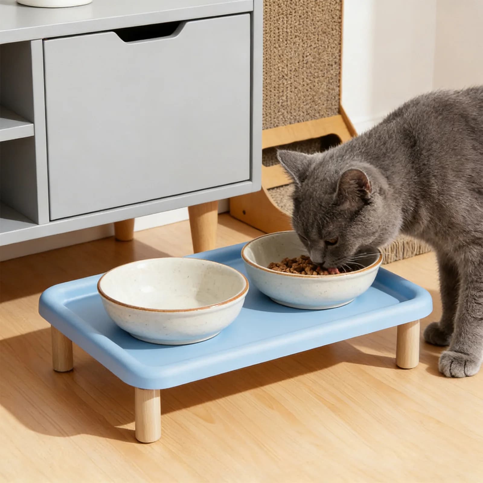 Elevated Pet Feeder Stand with Wooden Base