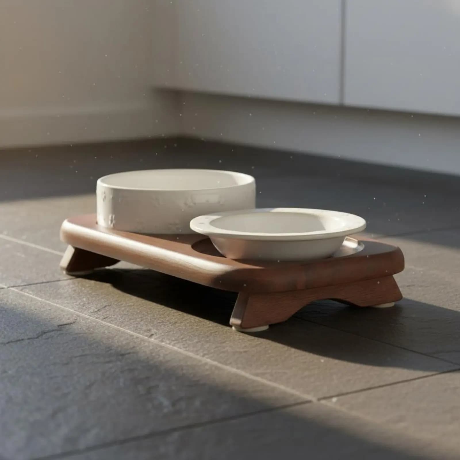 Double Ceramic Pet Bowl Stand with Wooden Base