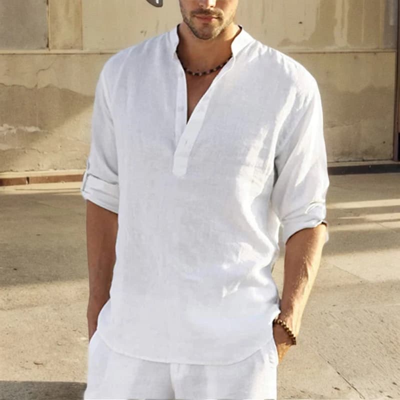 Men's Cotton Linen Stand Collar Casual Shirt