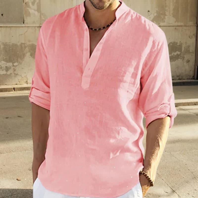 Men's Cotton Linen Stand Collar Casual Shirt