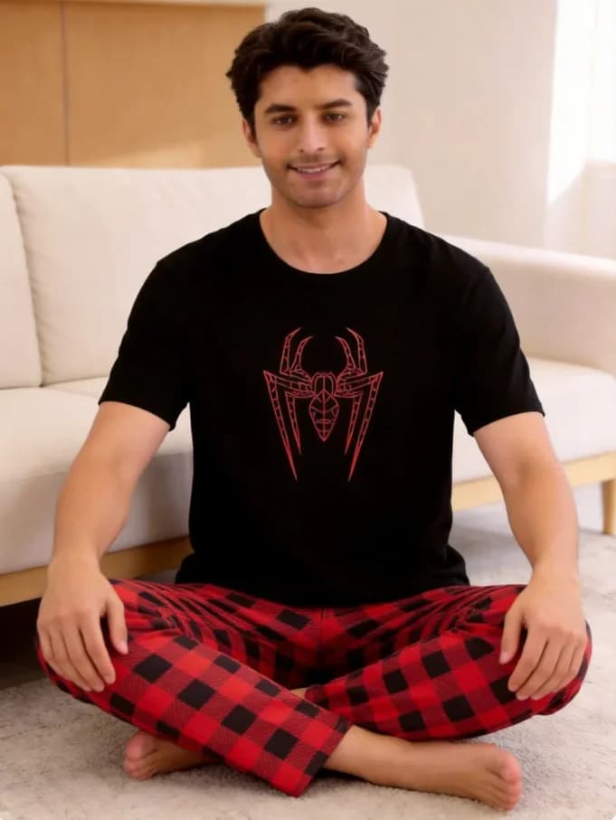 Men's Plaid and Spider Print Loungewear Set