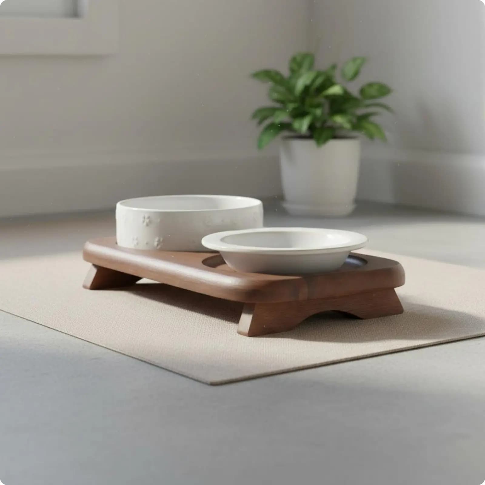 Double Ceramic Pet Bowl Stand with Wooden Base