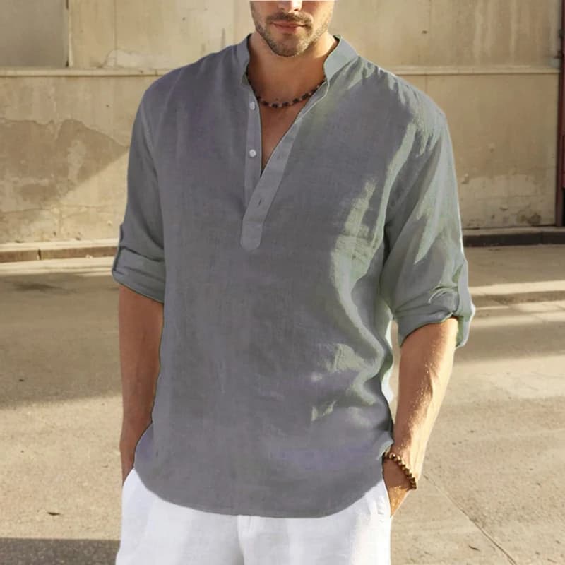 Men's Cotton Linen Stand Collar Casual Shirt