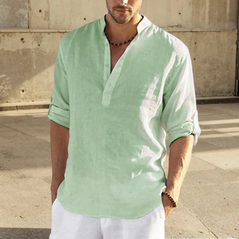 Men's Cotton Linen Stand Collar Casual Shirt