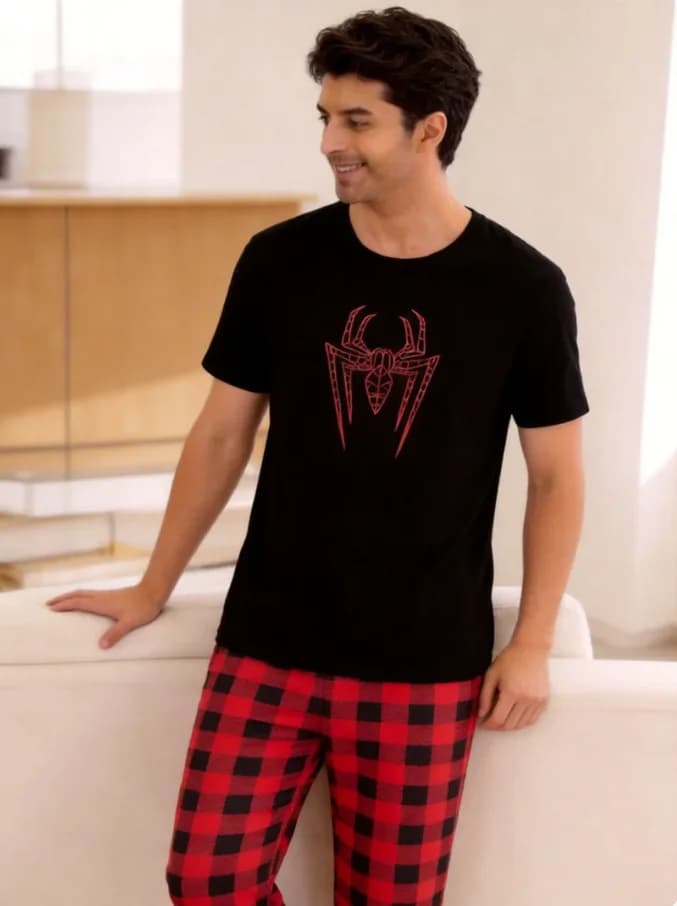Men's Plaid and Spider Print Loungewear Set