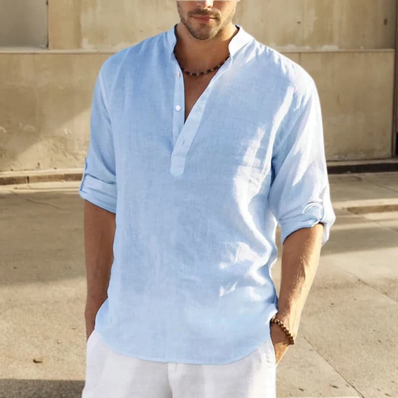 Men's Cotton Linen Stand Collar Casual Shirt