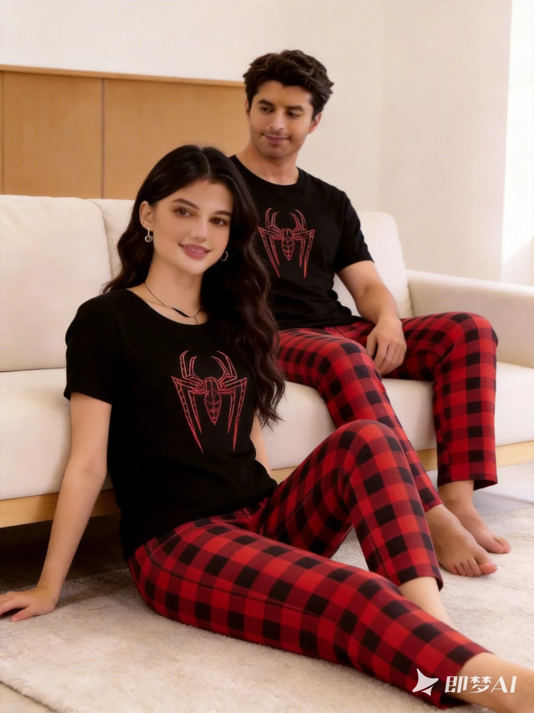 Men's Plaid and Spider Print Loungewear Set