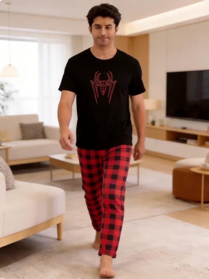 Men's Plaid and Spider Print Loungewear Set