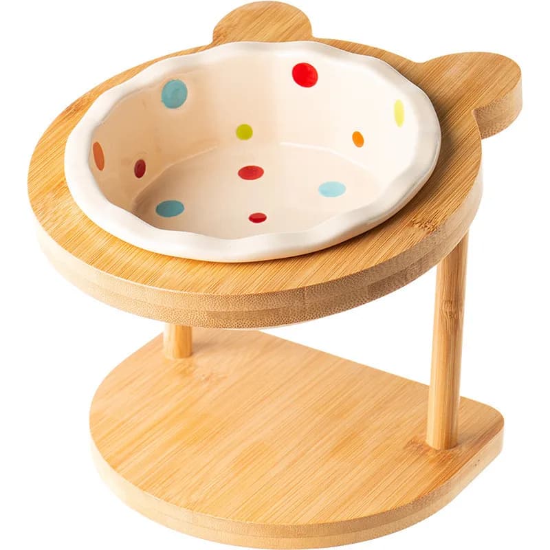 Raised Double Bowl Pet Feeder with Wooden Stand