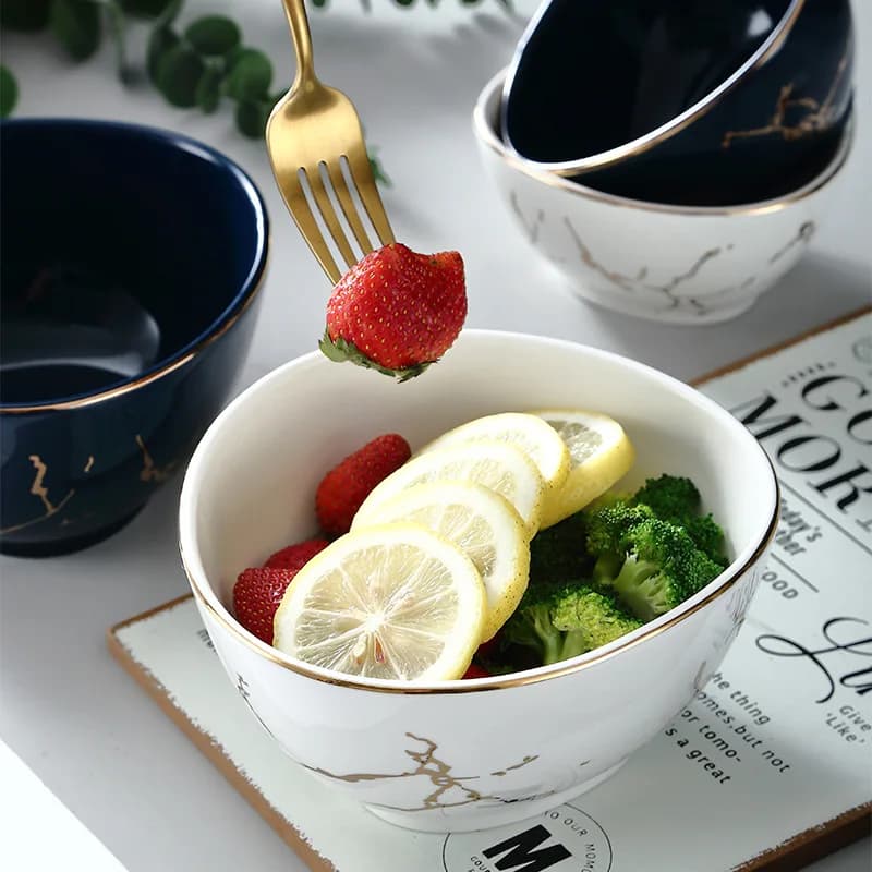 Nordic Marble Ceramic Dinner Plates with Gold Inlay