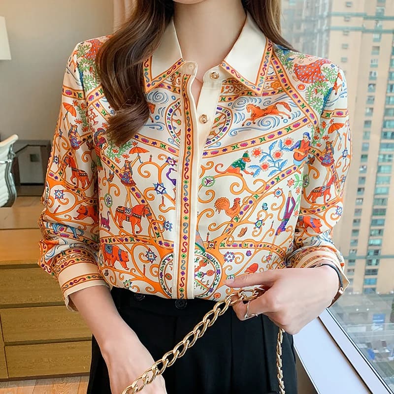 Fashion elegant  Women Blouses flower printed ladies shirts New Spring Long Sleeve Tops Blusas Mujer