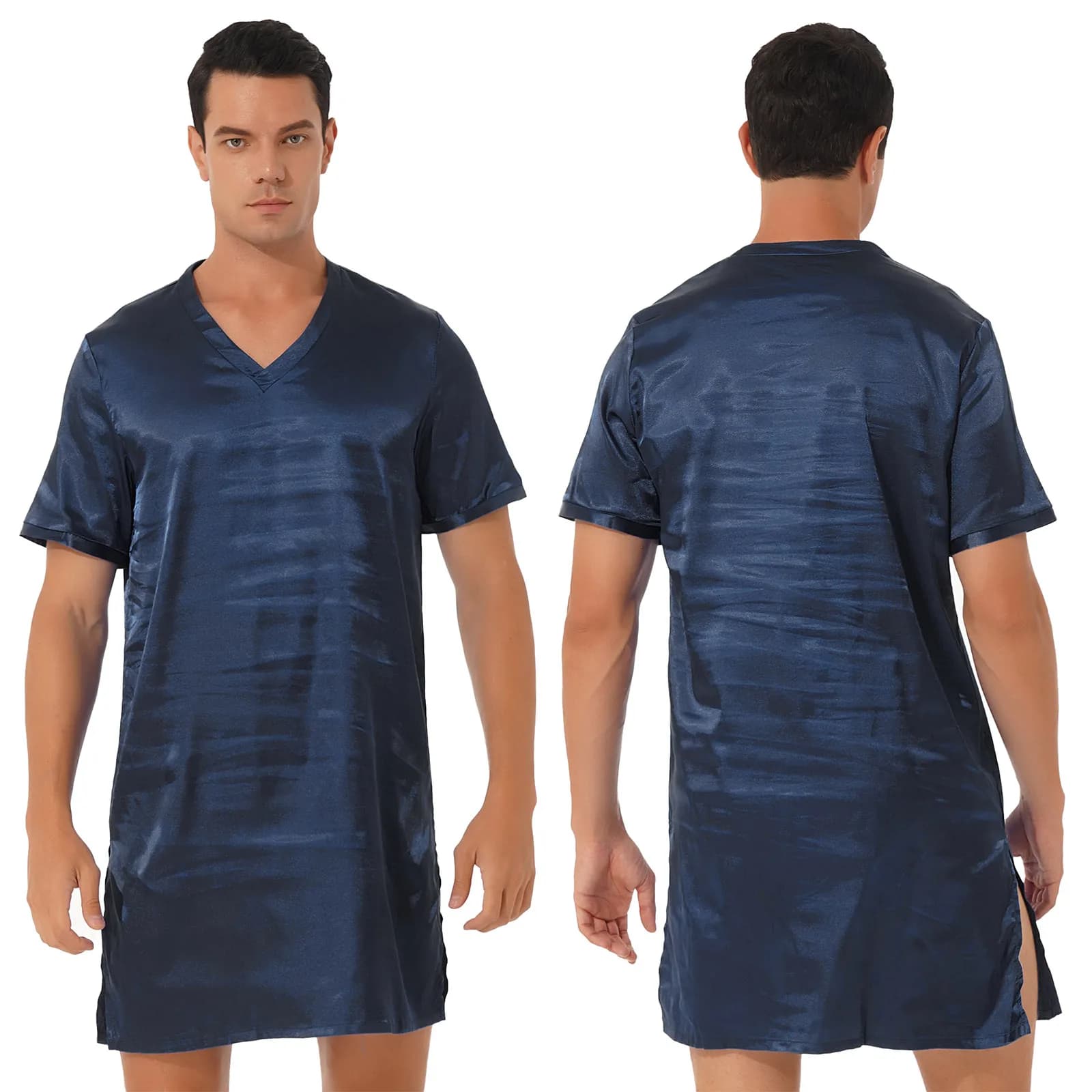Men's Satin V-Neck Short Sleeve Nightshirt