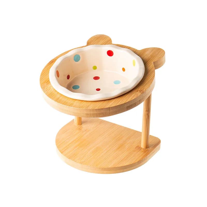 Raised Double Bowl Pet Feeder with Wooden Stand