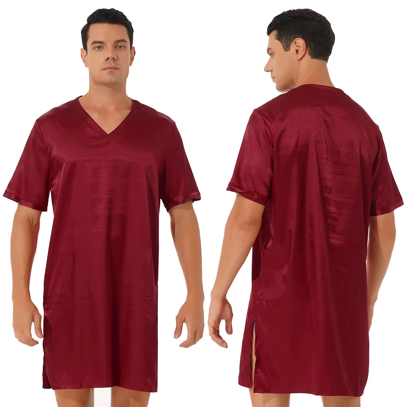 Men's Satin V-Neck Short Sleeve Nightshirt
