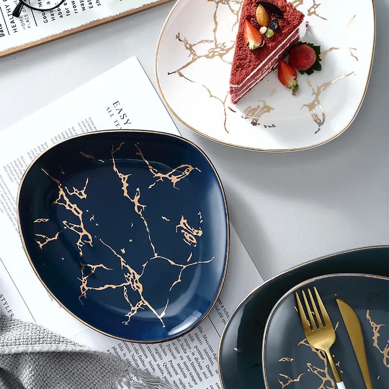 Nordic Marble Ceramic Dinner Plates with Gold Inlay