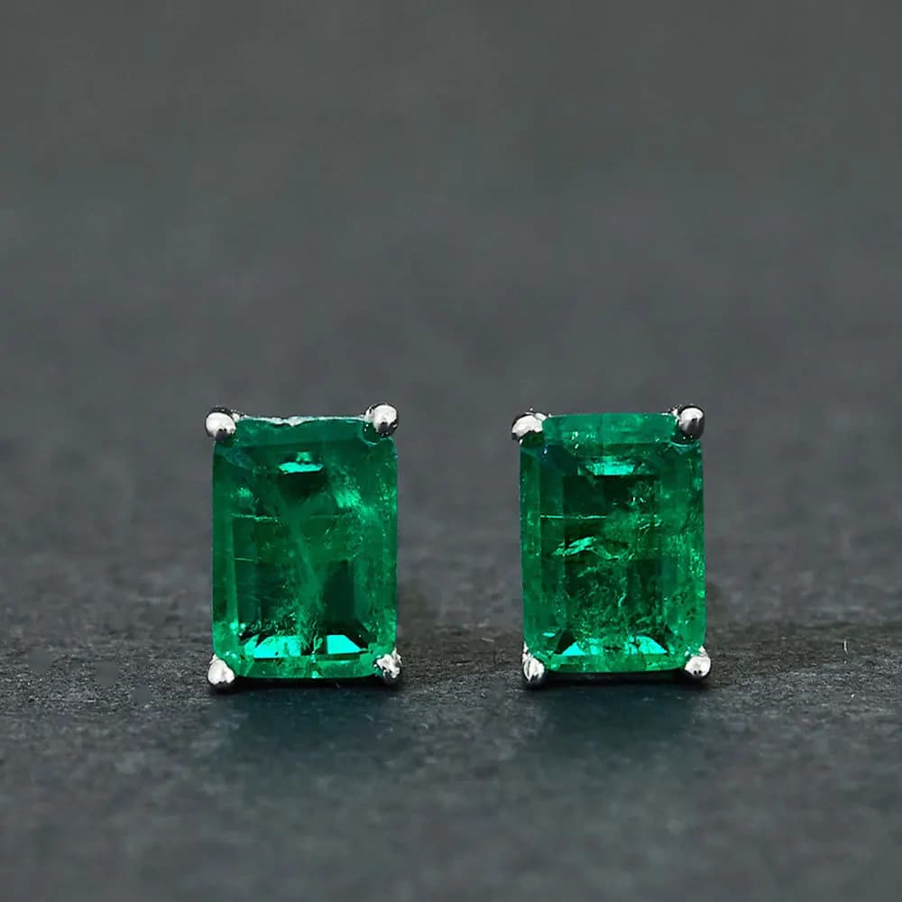 Sterling Silver Created Emerald Stud Earrings