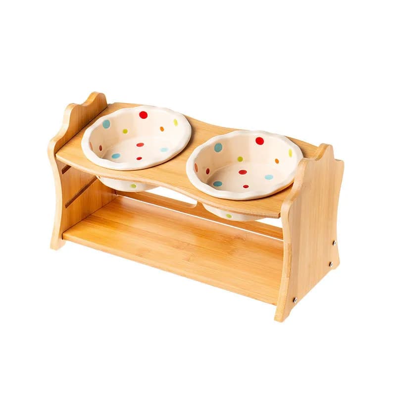 Raised Double Bowl Pet Feeder with Wooden Stand