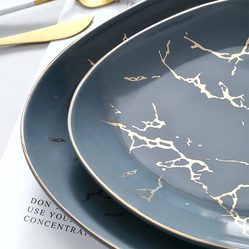 Nordic Marble Ceramic Dinner Plates with Gold Inlay