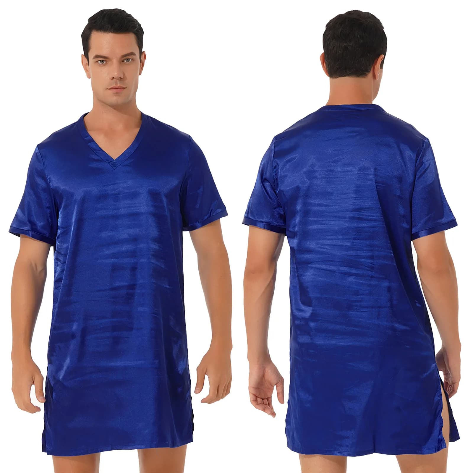 Men's Satin V-Neck Short Sleeve Nightshirt