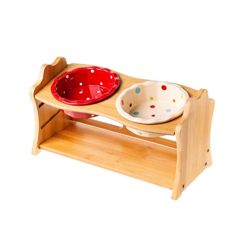 Raised Double Bowl Pet Feeder with Wooden Stand