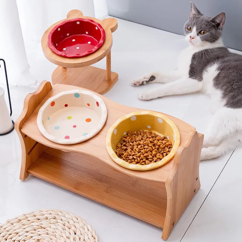 Raised Double Bowl Pet Feeder with Wooden Stand