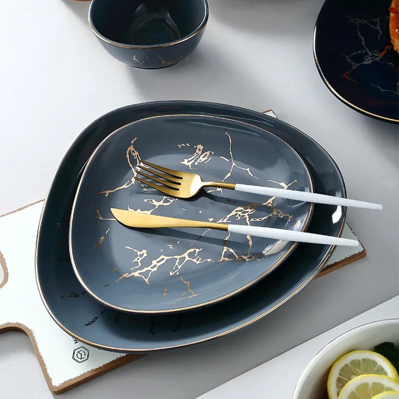 Nordic Marble Ceramic Dinner Plates with Gold Inlay