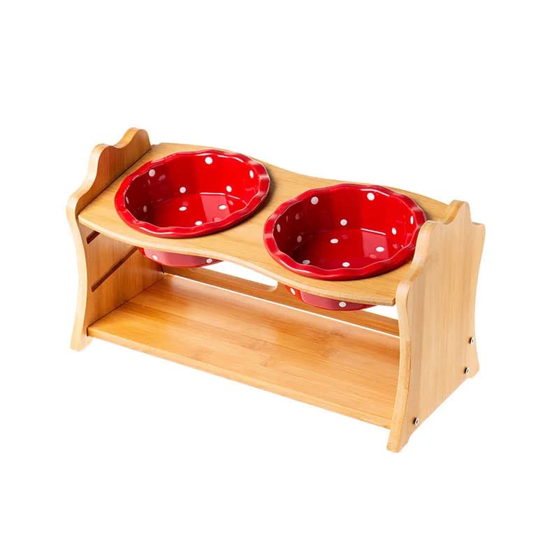 Raised Double Bowl Pet Feeder with Wooden Stand