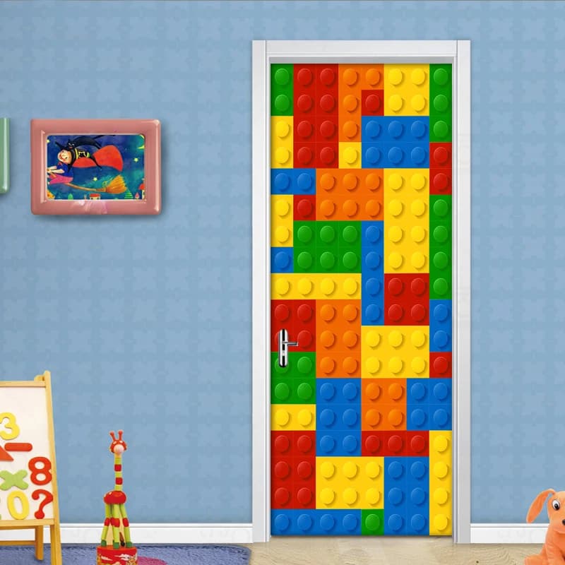 Color Toy Brick Children Room Bedroom Door Decoration Stickers Creative DIY Self-adhesive Wall Mural Wallpaper For Kids Room