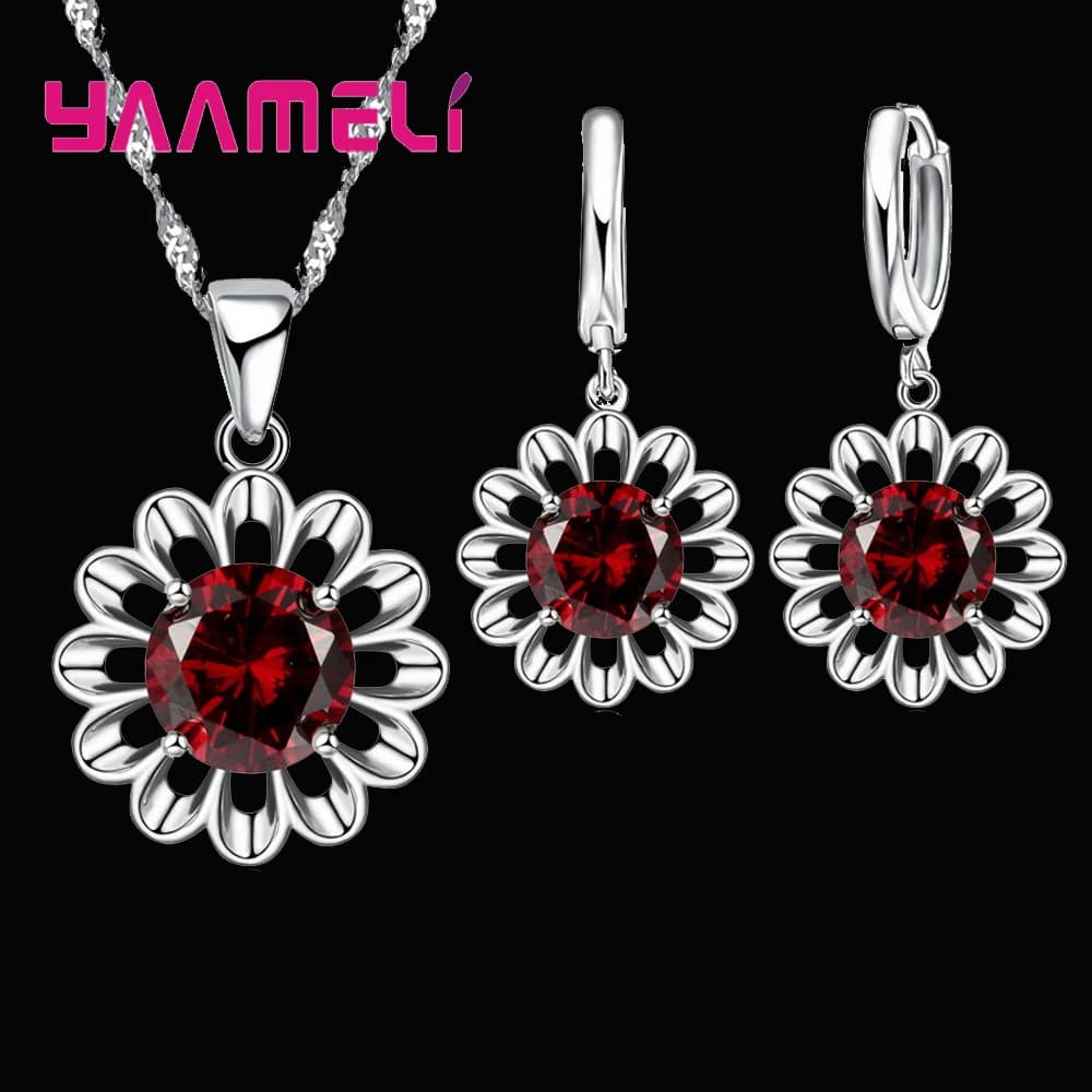 New Fashion Wedding Jewelry Set Women 925 Sterling Silver Color Crystal Pendant Necklace Hoop Earring Big Promotion