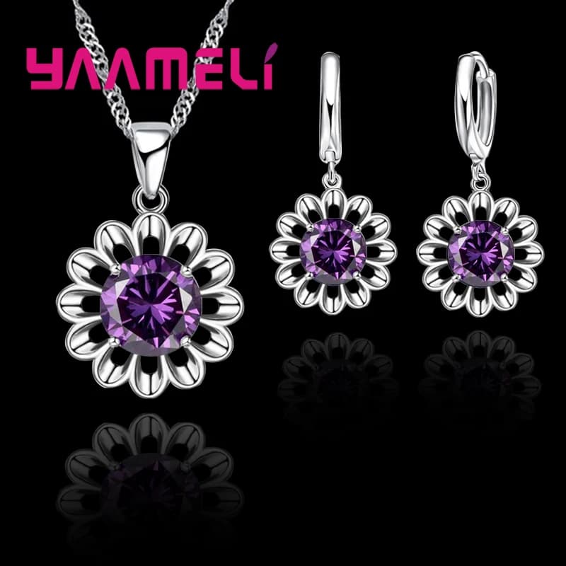 New Fashion Wedding Jewelry Set Women 925 Sterling Silver Color Crystal Pendant Necklace Hoop Earring Big Promotion