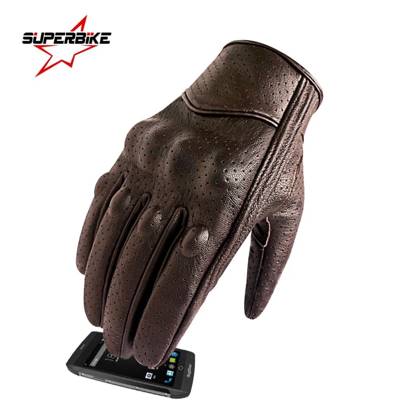 Brown Leather Motorcycle Gloves Touch Screen