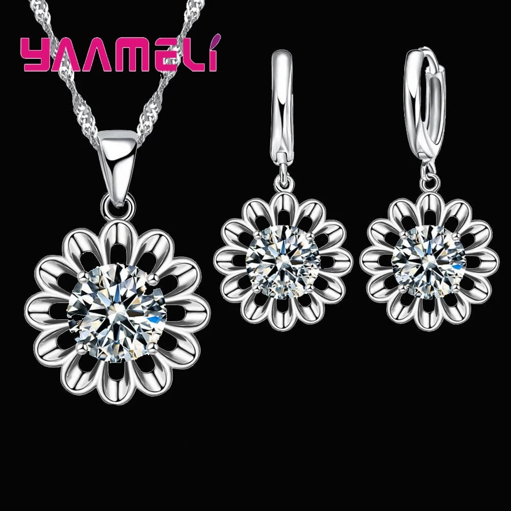 New Fashion Wedding Jewelry Set Women 925 Sterling Silver Color Crystal Pendant Necklace Hoop Earring Big Promotion