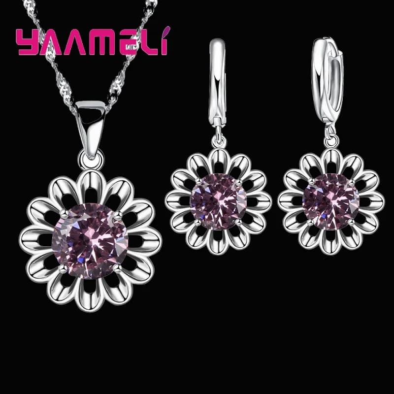 New Fashion Wedding Jewelry Set Women 925 Sterling Silver Color Crystal Pendant Necklace Hoop Earring Big Promotion