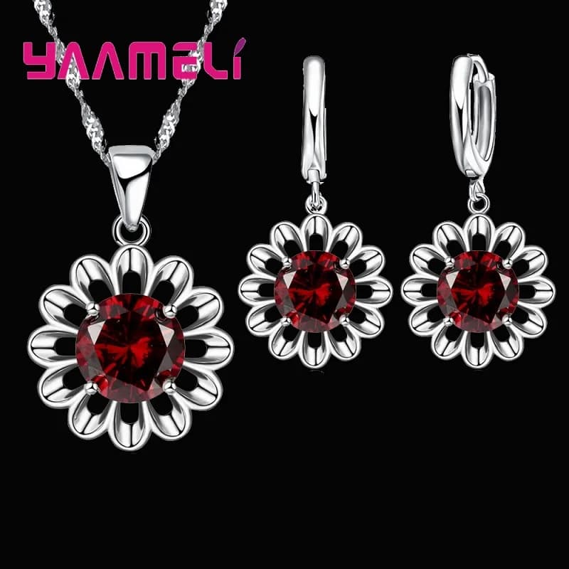 New Fashion Wedding Jewelry Set Women 925 Sterling Silver Color Crystal Pendant Necklace Hoop Earring Big Promotion
