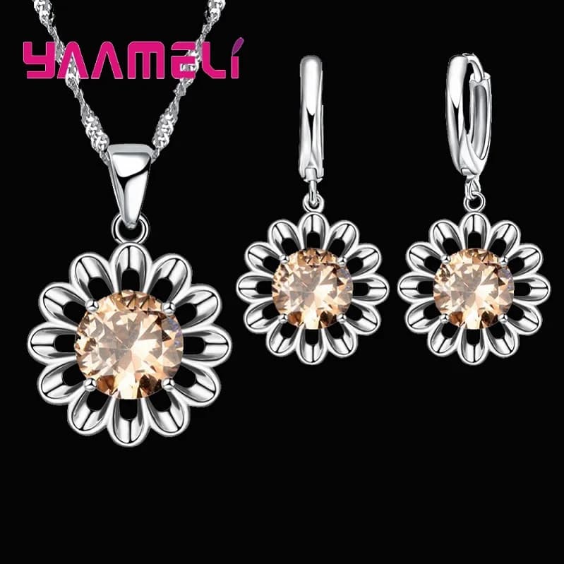 New Fashion Wedding Jewelry Set Women 925 Sterling Silver Color Crystal Pendant Necklace Hoop Earring Big Promotion