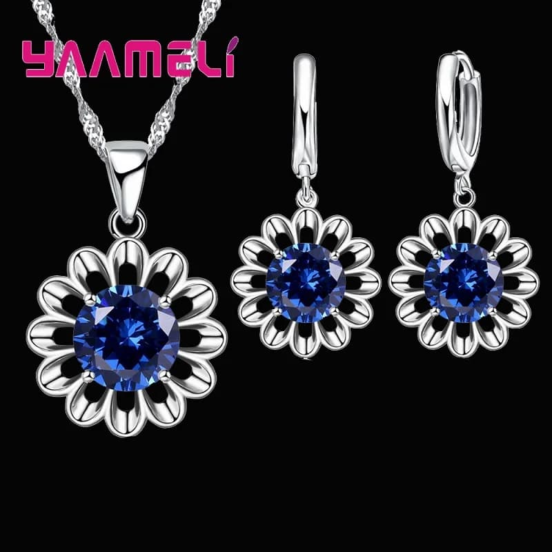 New Fashion Wedding Jewelry Set Women 925 Sterling Silver Color Crystal Pendant Necklace Hoop Earring Big Promotion