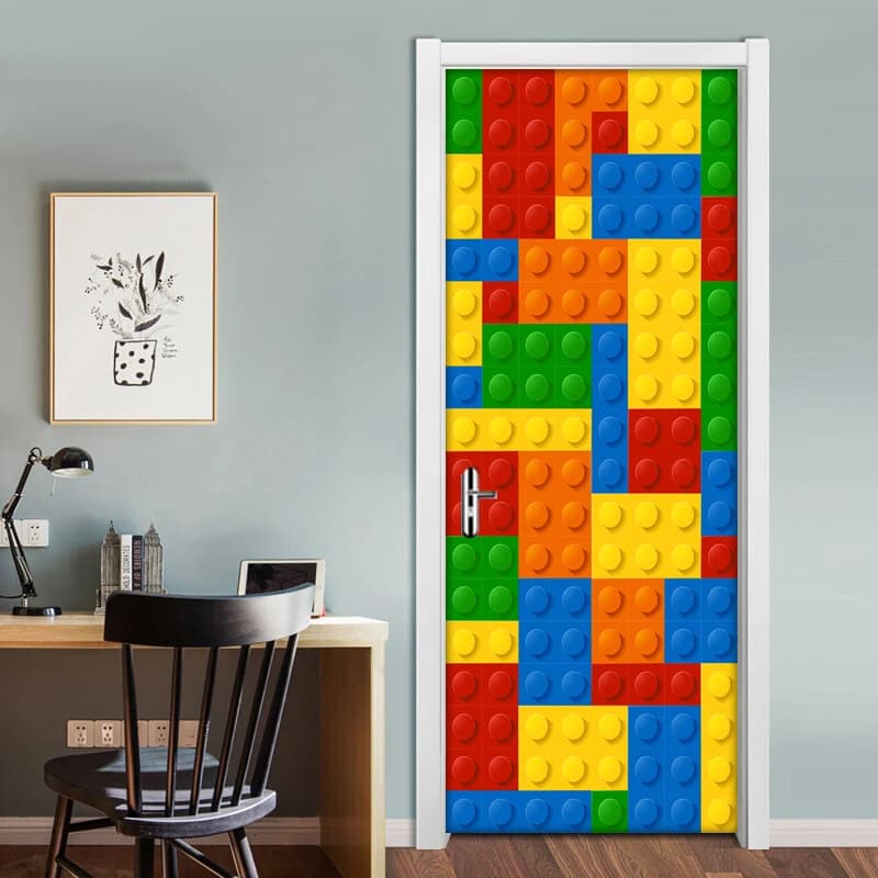 Color Toy Brick Children Room Bedroom Door Decoration Stickers Creative DIY Self-adhesive Wall Mural Wallpaper For Kids Room