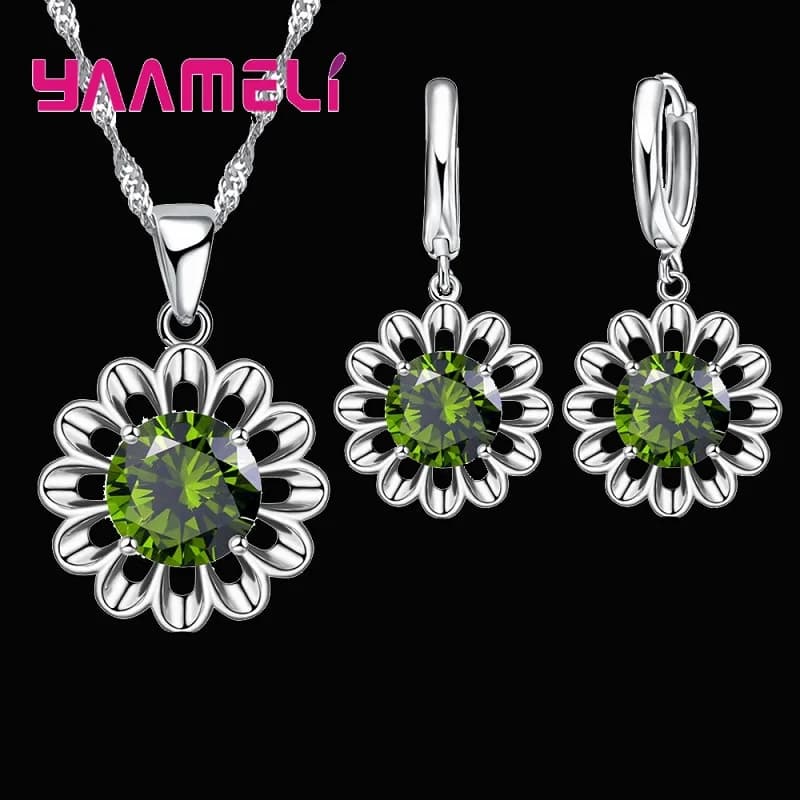 New Fashion Wedding Jewelry Set Women 925 Sterling Silver Color Crystal Pendant Necklace Hoop Earring Big Promotion