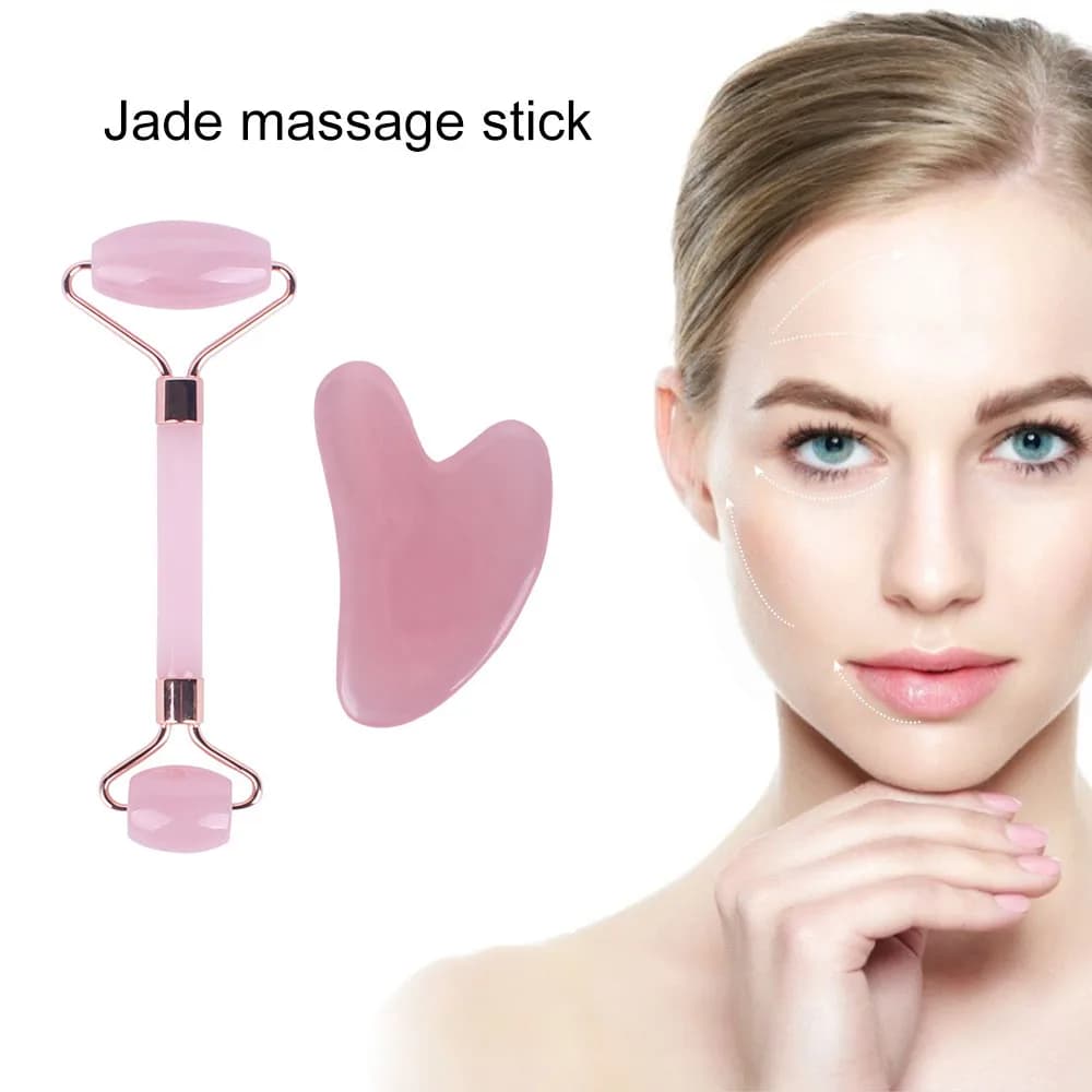 Pink Resin Jade Roller and Gua Sha Face Tool Set