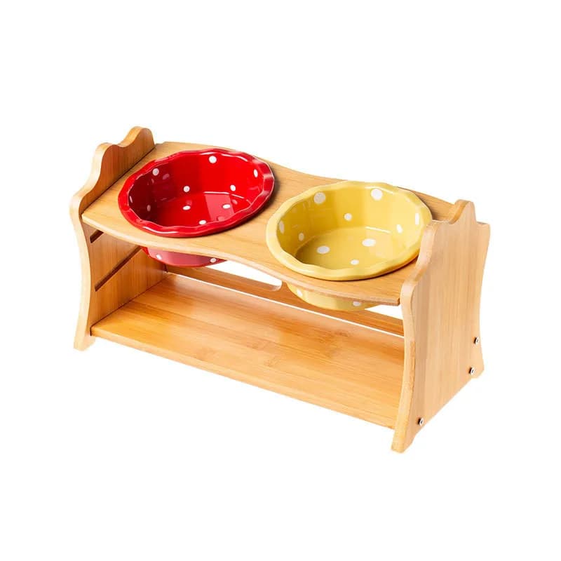 Raised Double Bowl Pet Feeder with Wooden Stand