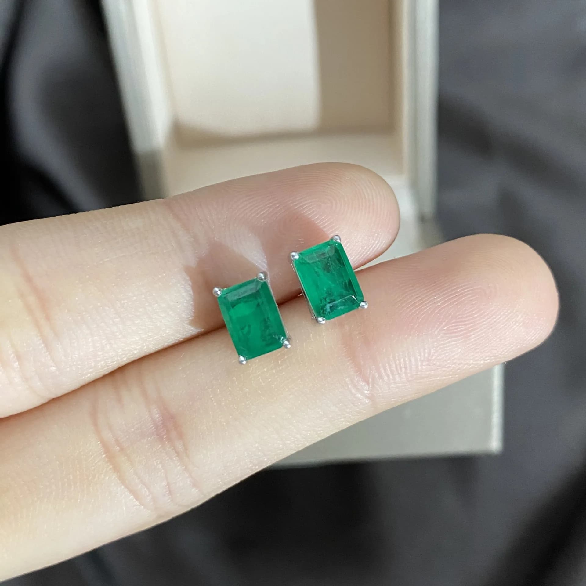 Sterling Silver Created Emerald Stud Earrings