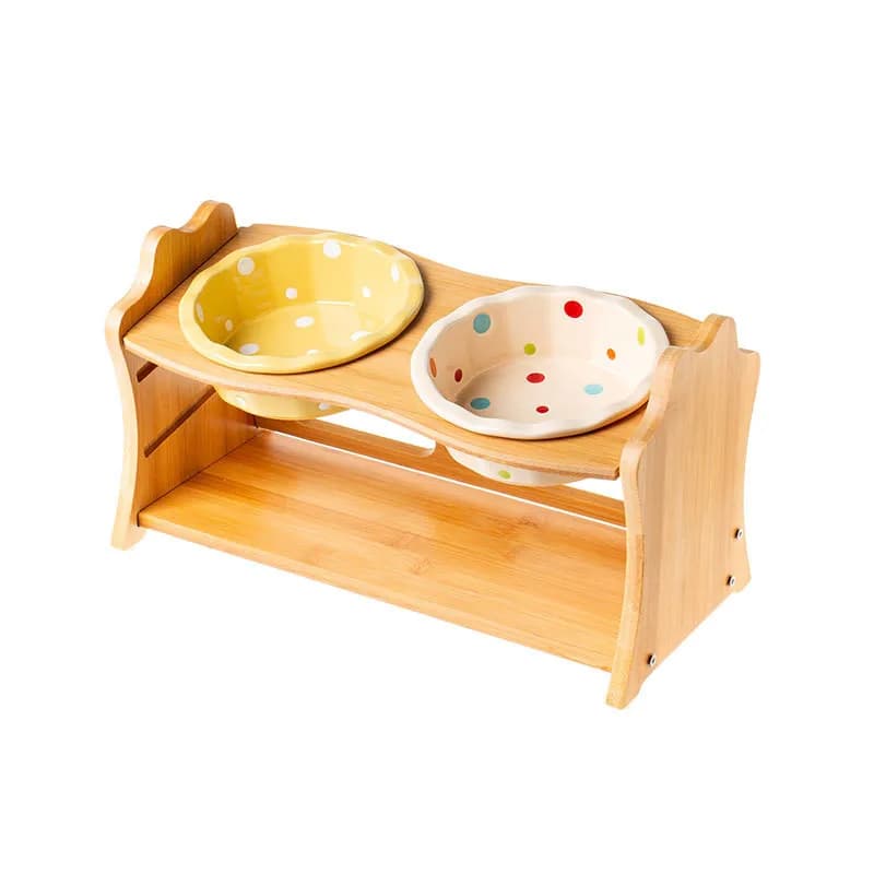 Raised Double Bowl Pet Feeder with Wooden Stand