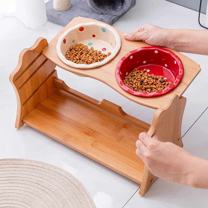 Raised Double Bowl Pet Feeder with Wooden Stand