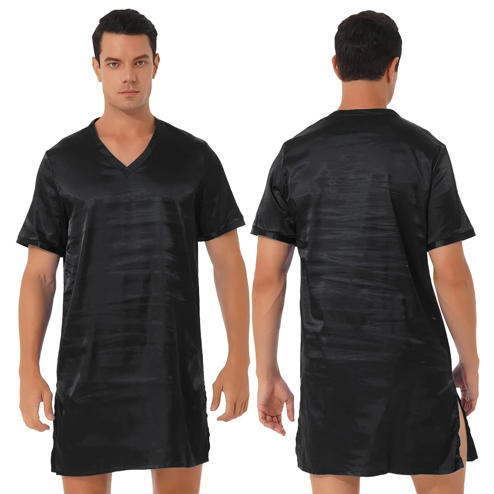 Men's Satin V-Neck Short Sleeve Nightshirt